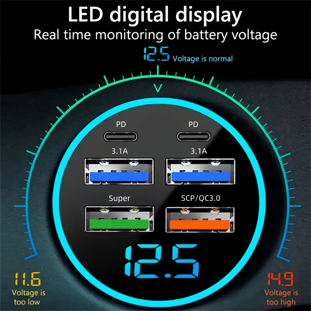 6 in 1 snel opladen autolader PD QC3.0 USB C digitaal display voor iPhone Samsung Vivo OPPO Oneplus auto mobiele telefoons adapter