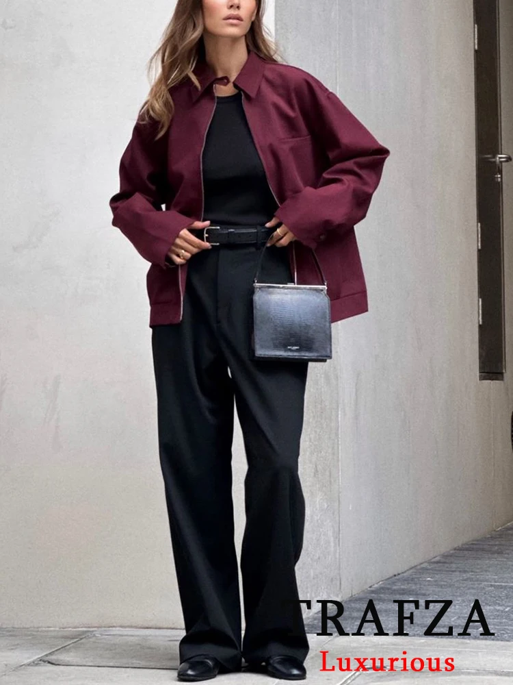 Trafza vintage casual chique borgonha vermelho feminino terno turn-down colarinho com zíper jaqueta cordão mini saia moda 2024 primavera terno