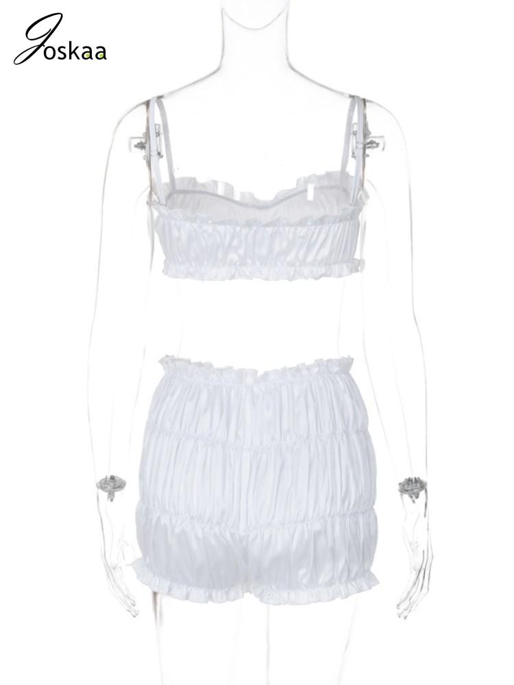 Joskaa-Conjunto de 2 piezas plisado liso para mujer, conjunto informal con volantes, camisola recortada y pantalones cortos a juego, ropa de playa para vacaciones de verano 2024