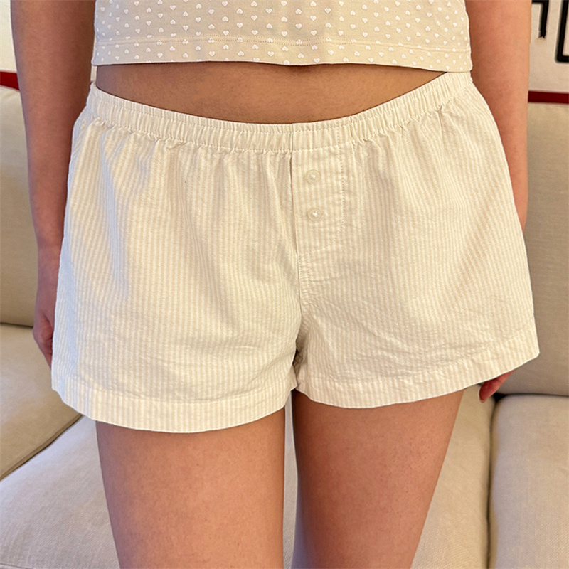 Vintage Gestreifte Tasten Kurze Hosen Frauen Sommer Elastische Taille Streetwear Hause Unterwäsche Süße Nette Chic Y2K Shorts