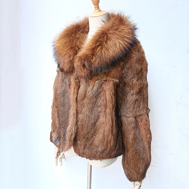 2023 Winter echte Kaninchen Pelzmantel mit Waschbär Pelz kragen Mode echte Pelz jacke Langarm warme echte Pelz Outwear