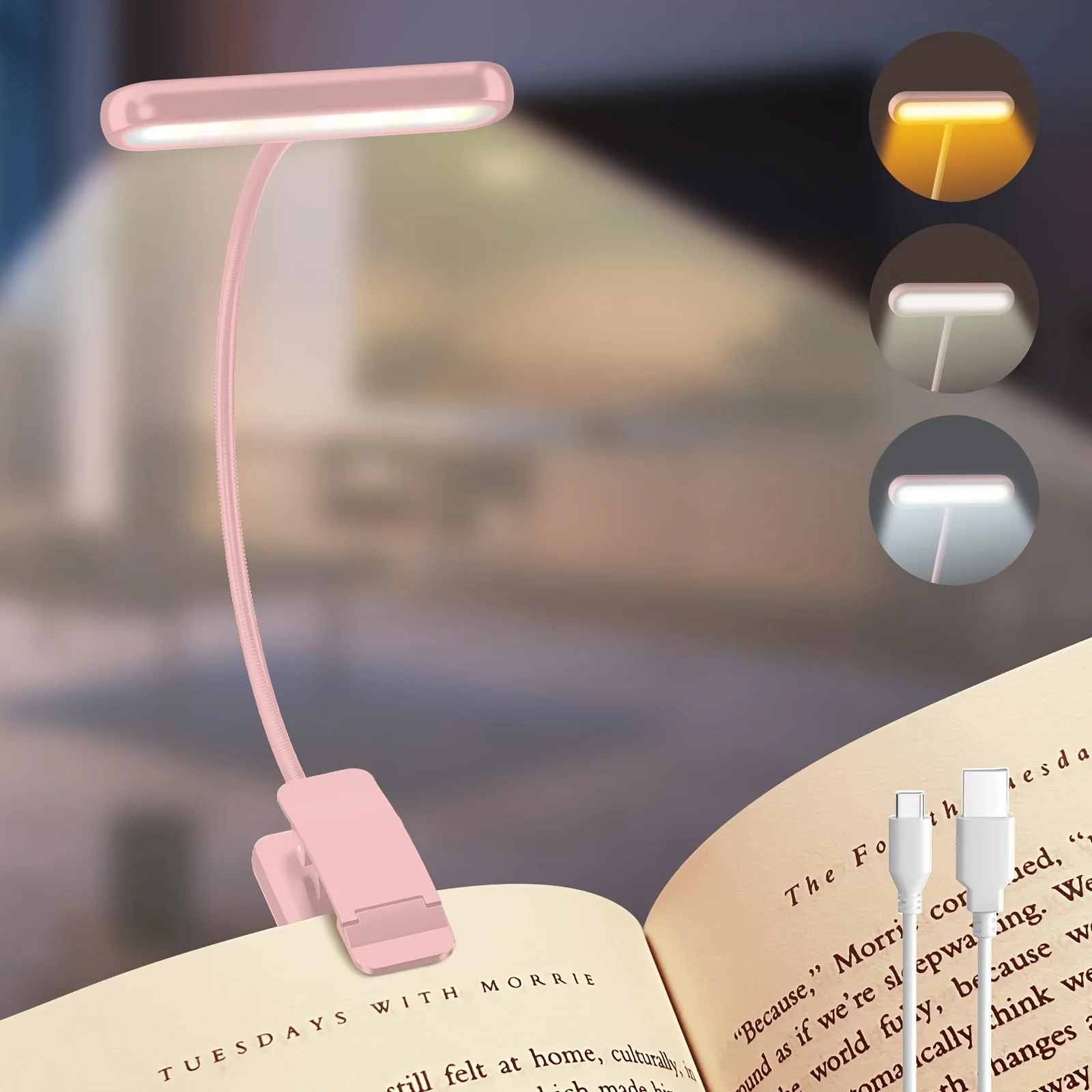 Lampada da lettura notturna portatile flessibile facile con clip Lampada da lettura ricaricabile USB 3 colori Lampada da libro a luce diurna bianca calda e fredda