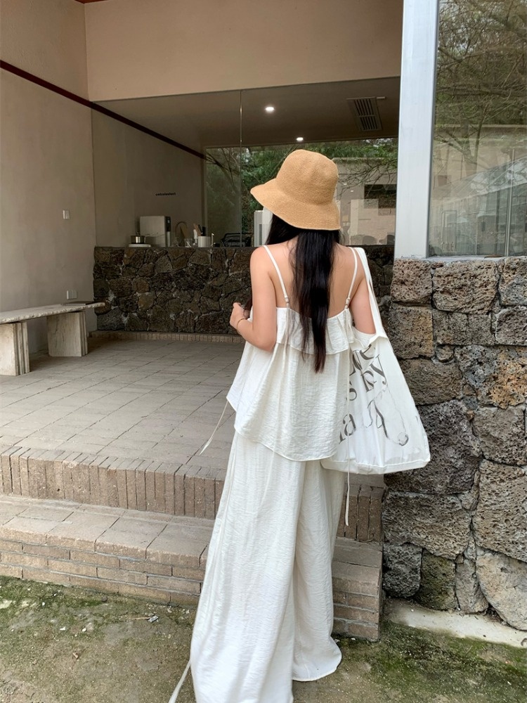 ルーズ女性のベストストラップ 2 点セット白カジュアルパンツドレープスカート夏のファッション衣装ポリエステル素材