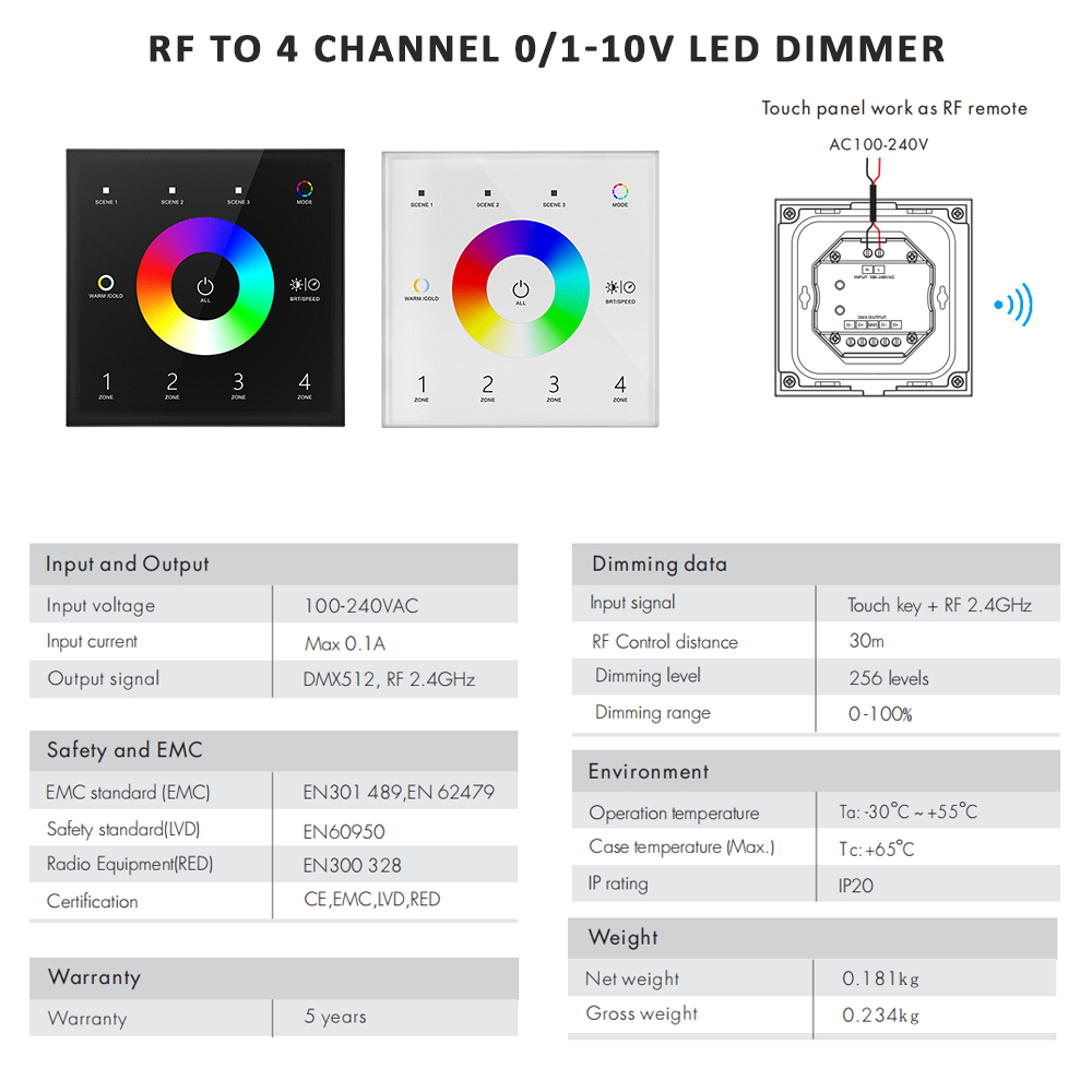 Wt5 Tuya Smart Rgbcct Controller 12V 24V Dc 5 In 1 Dimmer Rgb Cct Rgbw Rgbww Led Strip Licht Touch Panel 2.4G Rf Wifi Controller