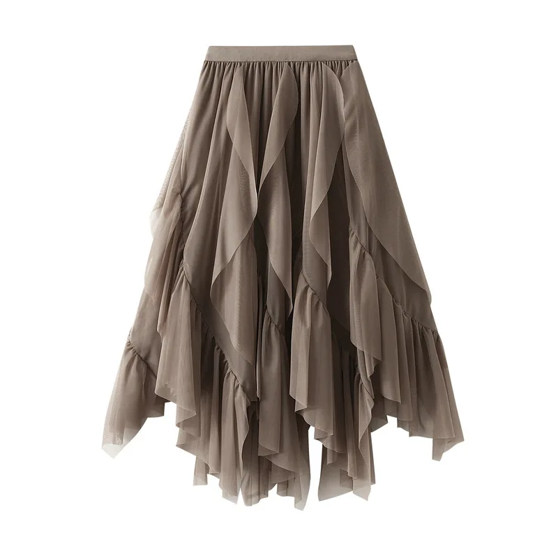 Falda Midi informal holgada de malla con volantes, faldas de verano para mujer, nueva falda ajustada elástica de cintura alta con forro de malla lisa, ropa para mujer
