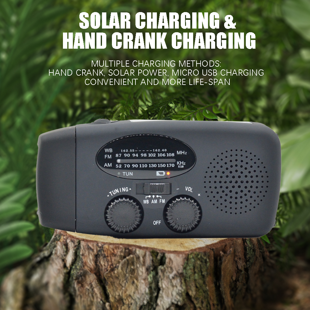 Rádio de emergência de 2000 mAh com luzes LED Rádio USB Luz de carregamento solar Viagem ao ar livre Portátil recarregável Rádio FM/AM