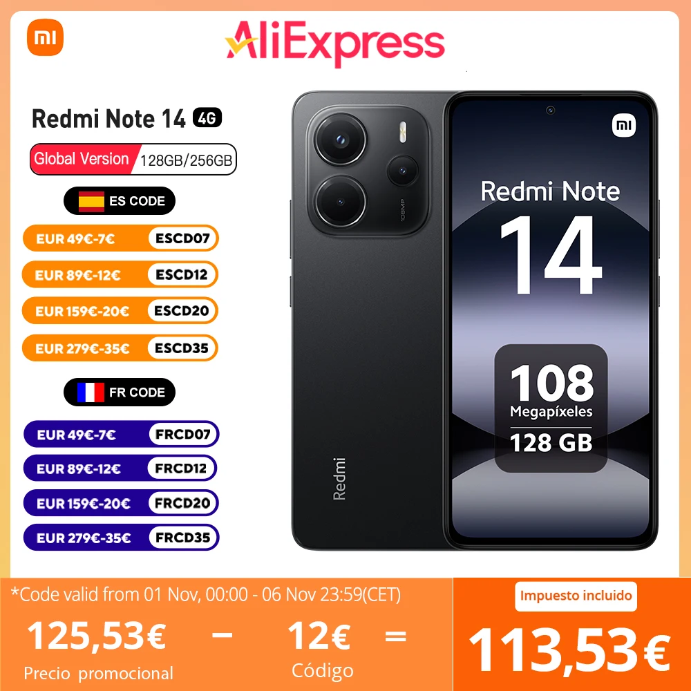 【Estreno mundial】Versión global Xiaomi Redmi Note 14 MediaTek Helio G99-Ultra Cámara AI de 108 MP Pantalla AMOLED de 5500 mAh y 6,67" y 120 Hz