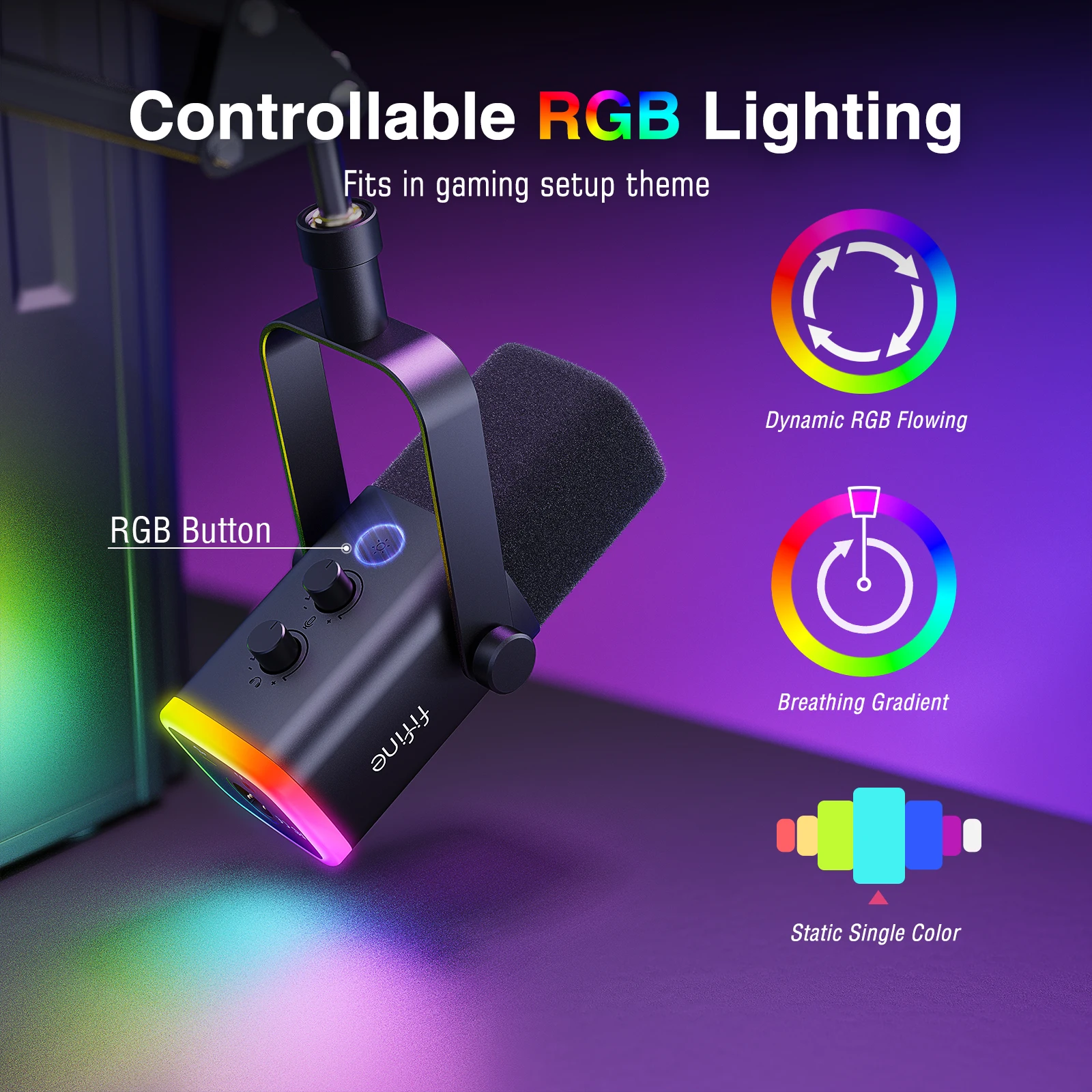 Zestaw mikrofonu gamingowego FIFINE XLR/USB z gniazdem słuchawkowym/wyciszaniem/RGB/stojakiem, zestaw mikrofonu dynamicznego do miksera PC PS5/4 AmpliGame AM8T