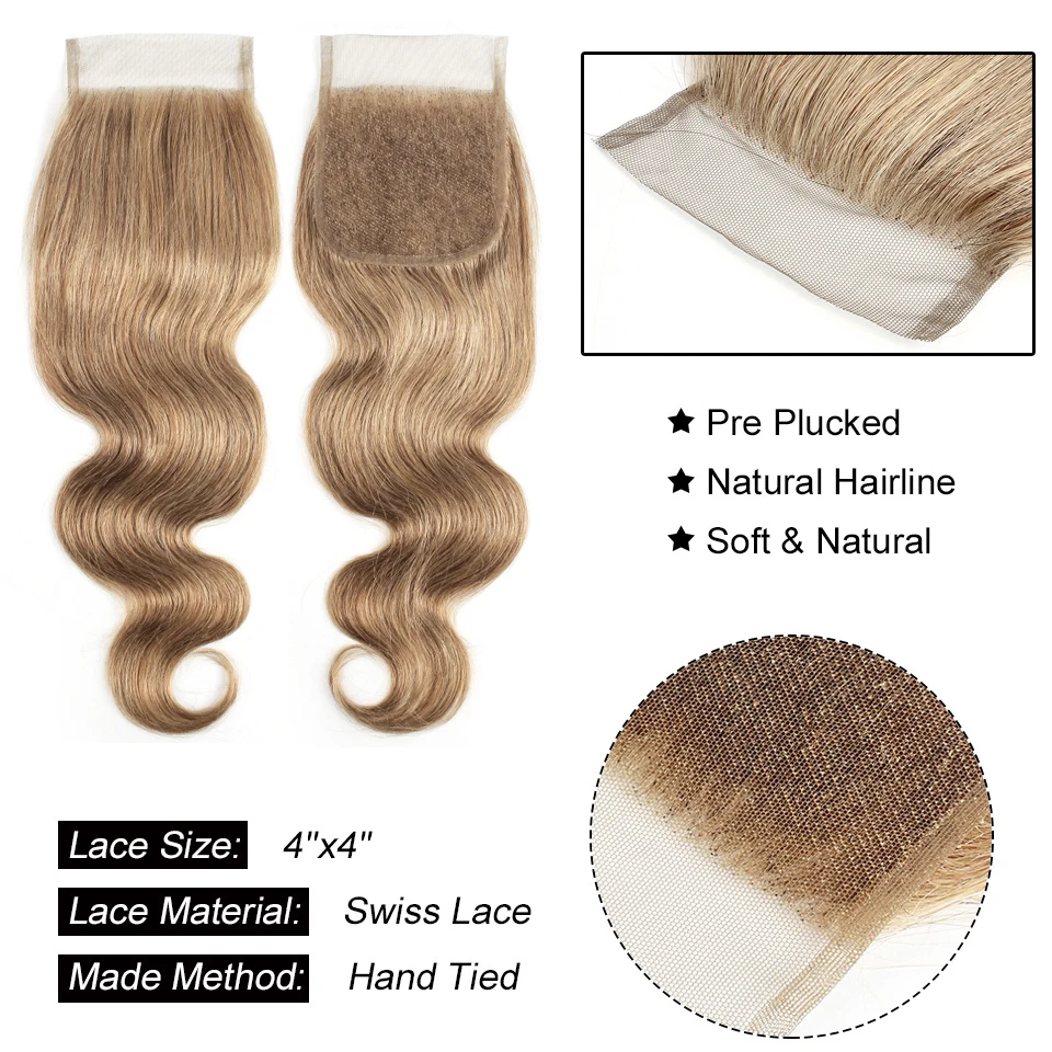 Ông Trùm Tóc 8 Tro Tóc Vàng Nâu Đậm Remy Tóc Người Đóng Cửa Ấn Độ Sóng Thân Tay Gắn 4*4 ren Đóng Cửa Tự Do Phần Giữa