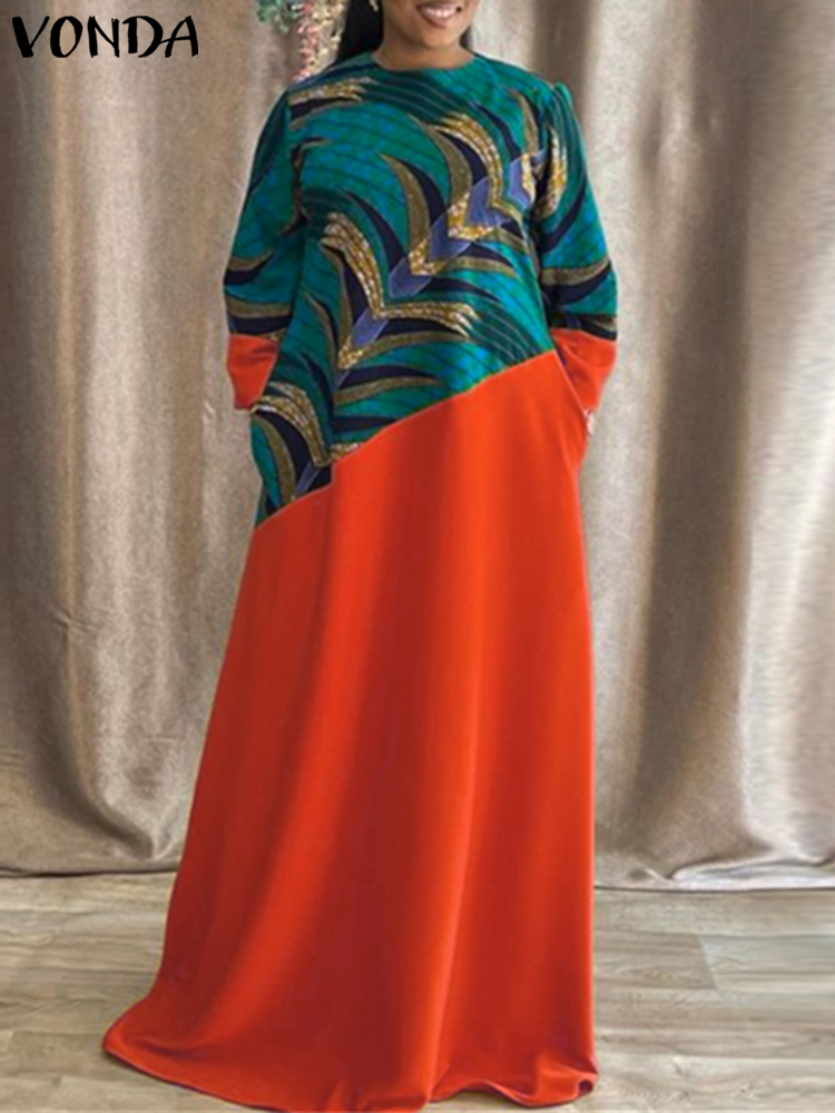 VONDA-女性のためのヴィンテージプリントマキシドレス,ボヘミアンパッチワーク,カジュアルなイブニングドレス,長袖のゆったりとしたドレス,大きいサイズ,5xl