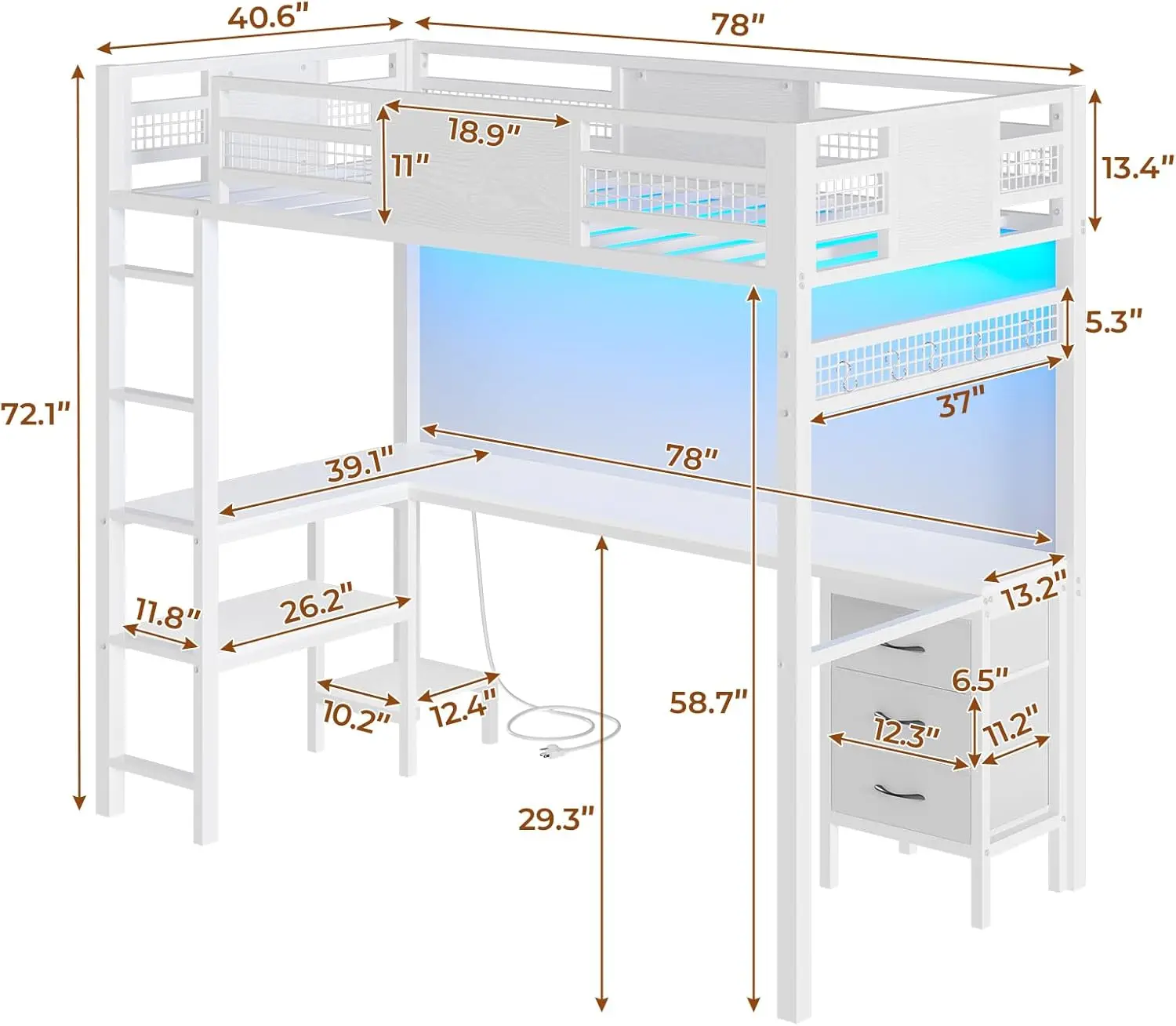 Loft Bed with L-Shaped Desk, Metal Twin Size Bed Frame with LED Lights & Charging , 3 Fabric Drawers, 2-Tier Storage