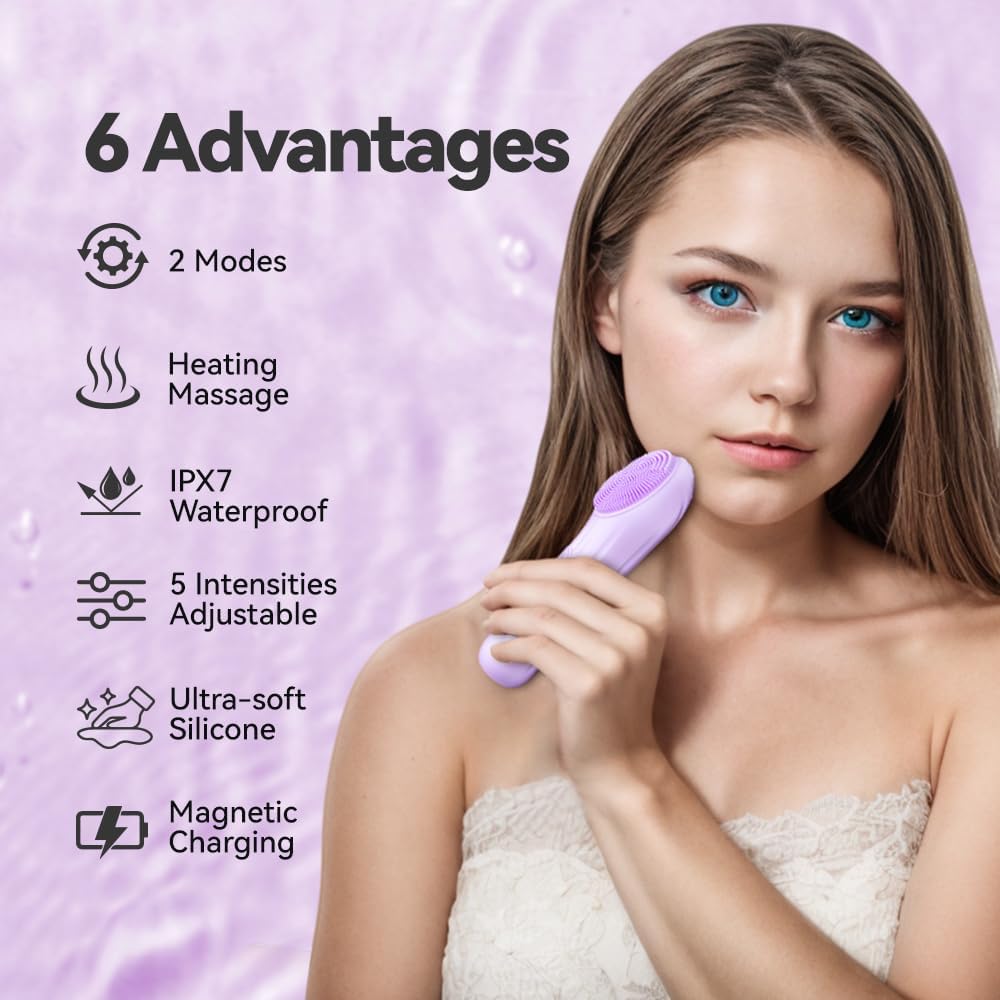 Facial cleansing brush, silicone facial cleansing brush, with heating and vibration 5-speed settings, waterproof rechargeable el