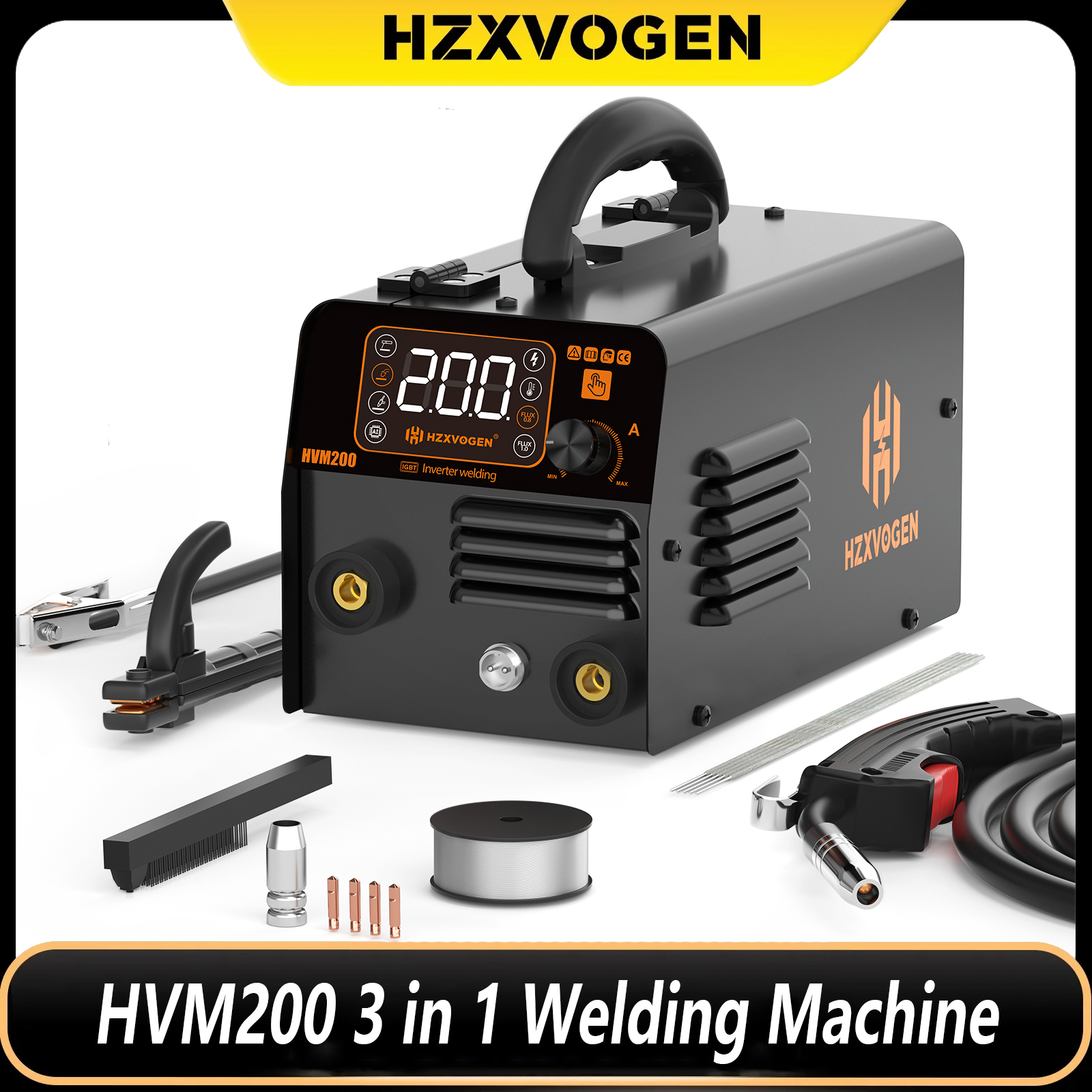 HZXVOGEN 3-in-1 HVM200 halbautomatisches MMA-MIG-Schweißgerät, Inverter-Schweißgerät, Synergie-Werkzeug, nicht gasloses Eisenlöten