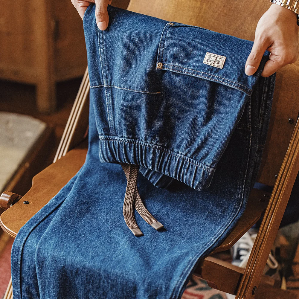 Maden Retro-Jeans mit schwerer, gewaschener Holzfäller, locker, mit Taschen, elastischer Taille, Kordelzug-Design, einfarbig, Freizeithose