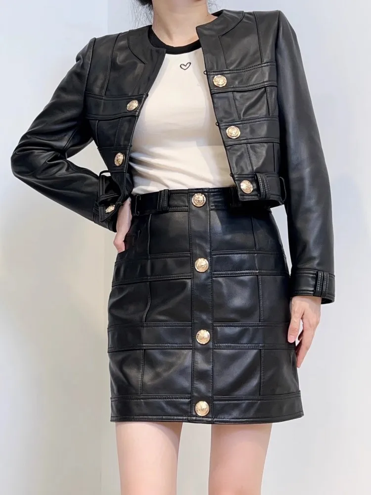 Slim Fit Hohe Taille Frauen Echtes Leder Jacke Oansatz Langarm Zweireiher Mode Designer Dame Schaffell Kurzen Mantel
