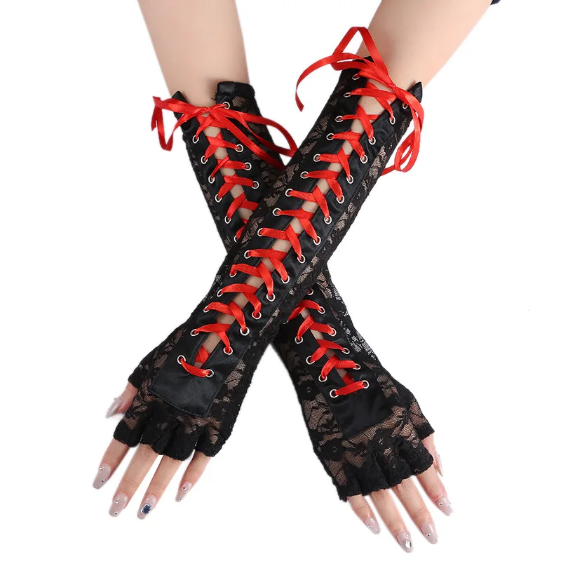 ผู้หญิงเซ็กซี่ดอกไม้ลูกไม้ข้อศอกความยาวครึ่งนิ้วถุงมือสีดํา String Ribbon Ties Up Dance Party Fingerless Fishnet Mittens