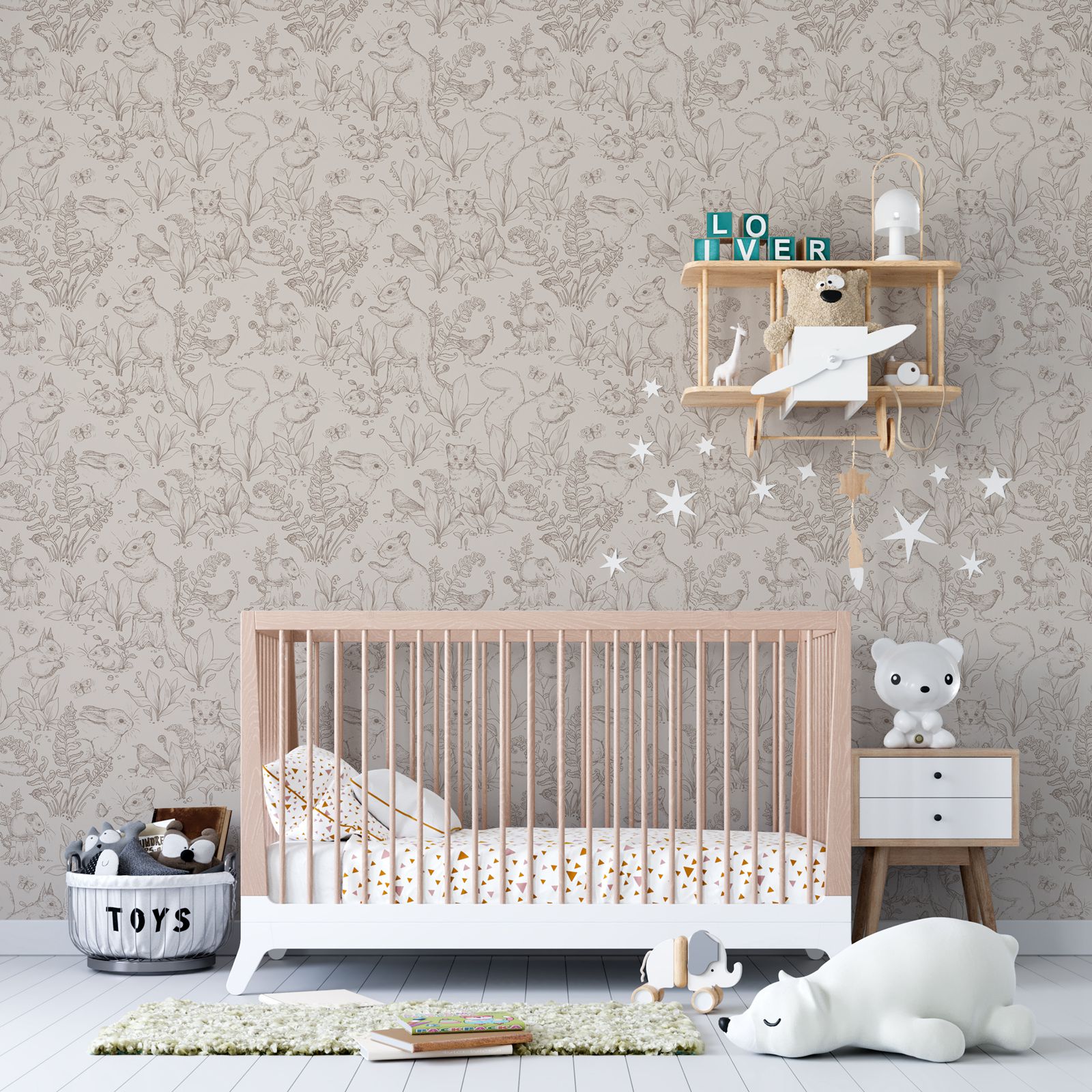 Papel de parede Forest Life. Papel de parede bege com animais em estilo floresta com Coelho e cachorrinho da pradaria