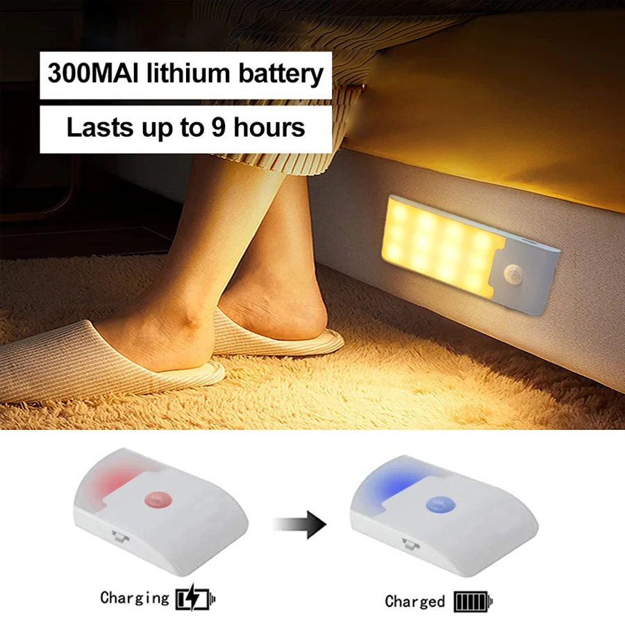 12LED Night Light Motion Sensor USB LED โคมไฟสําหรับทางเดินห้องน้ําตู้เสื้อผ้าห้องครัวภายใต้ตู้ความสว่างสูง