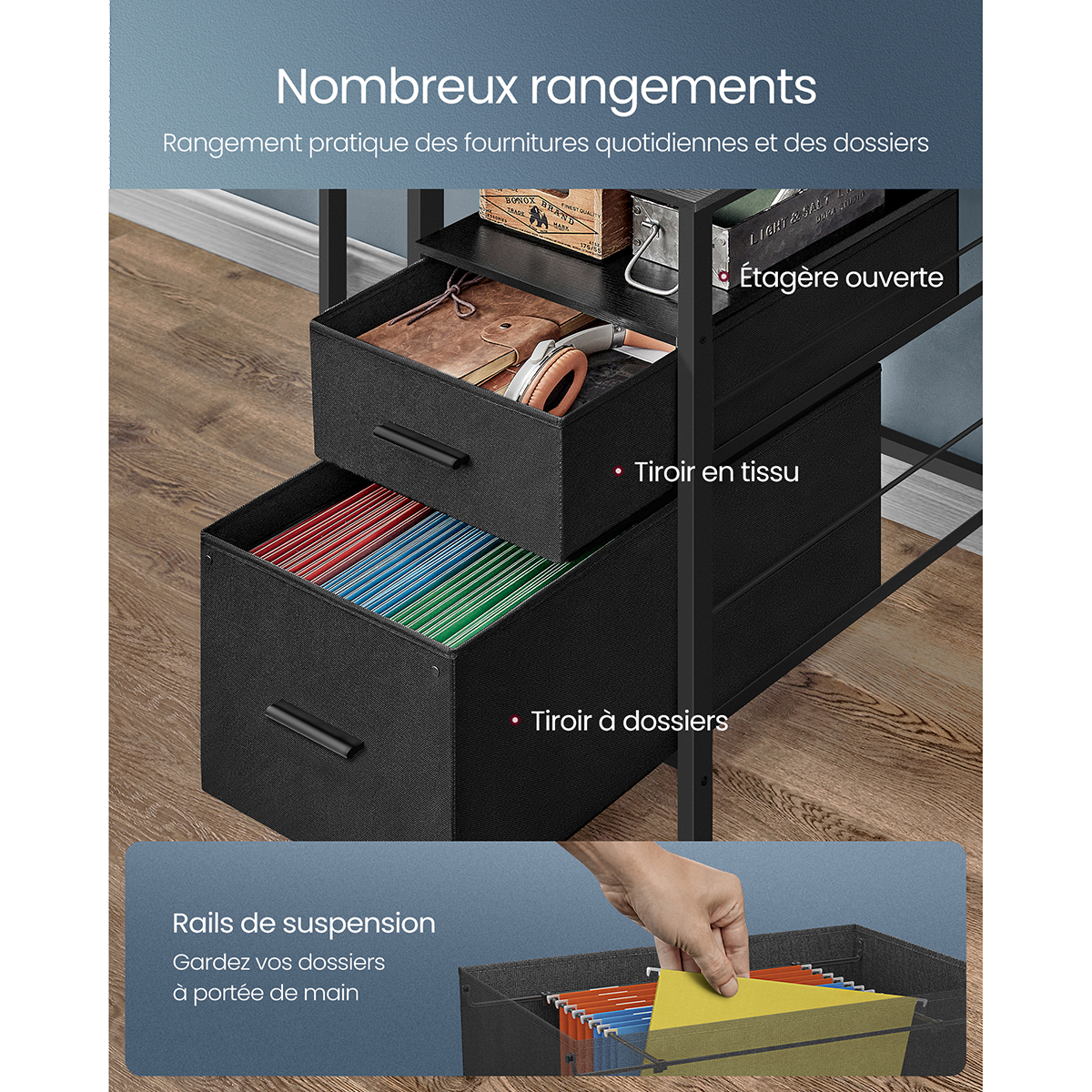 VASAGLE Bureau Gaming avec Lumières LED et Multiprise, Bureau Informatique avec Support d'Écran, Table avec Rangement, 2 Tiroirs en Tissu, 2 Ports USB, pour Bureau