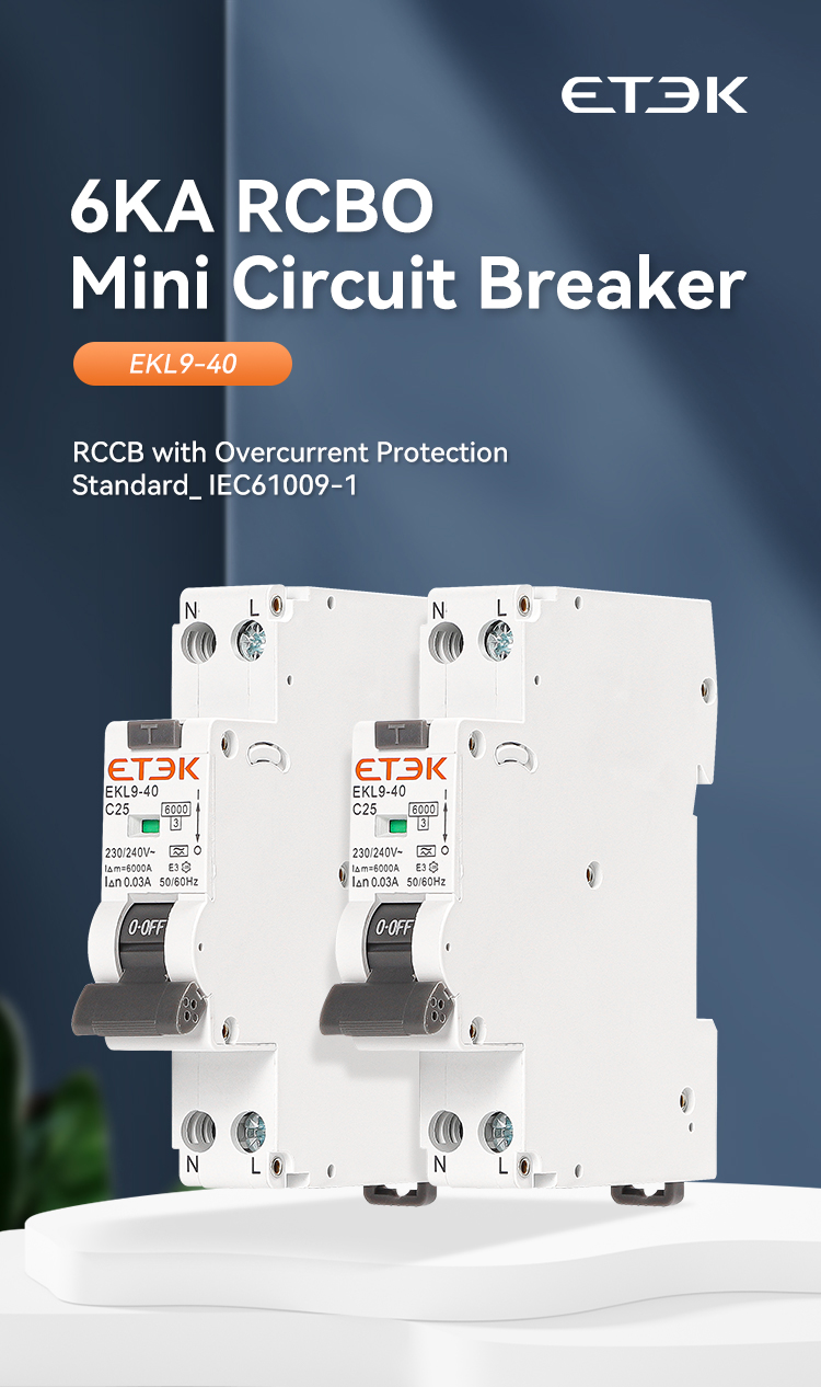 ETEK RCBO Автоматический выключатель остаточного типа A 6KA 1P+N 2P 16a 20a Curve CW с защитой от утечки перегрузки по току 30 мА EKL9-40