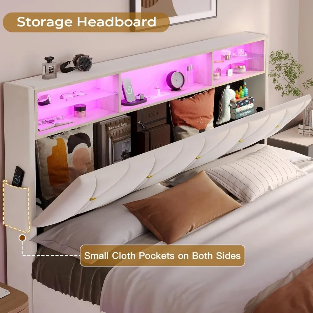 Full Size Bed Frame with Headboard Storage & LED Lights, with Charging Station, Velvet Upholstered Bed with Shelf Headboard
