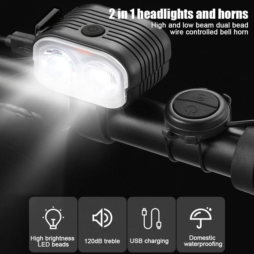 2 In1 Waterproof USB Rechargeable Light With Horn 200lm Bicycle COB Front Light With With 120dB Loud Horn Cycling Flashlight