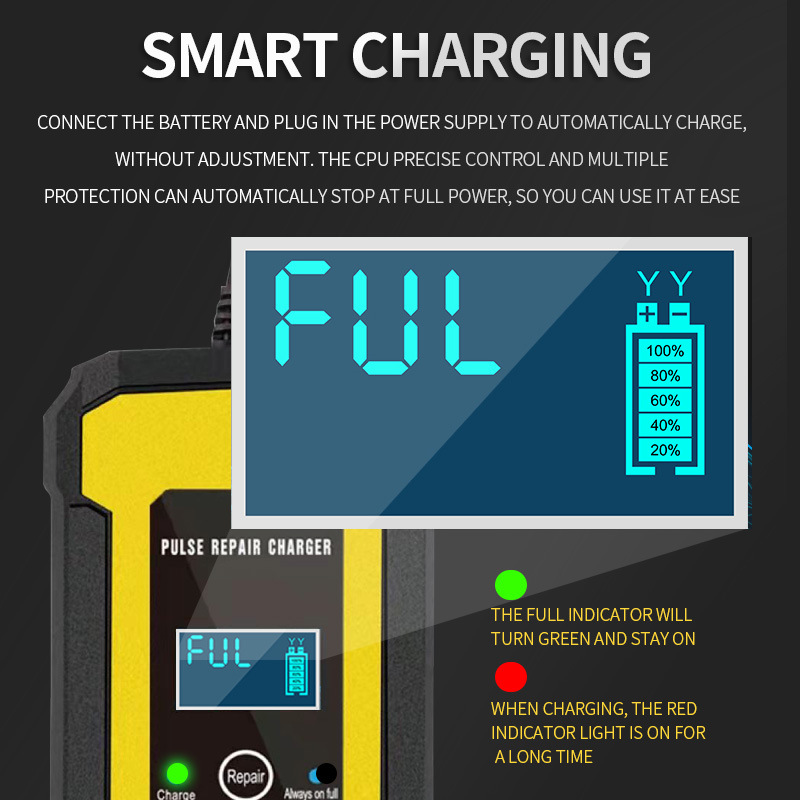 Full Automatic Car Battery Charger 110V to 220V To 12V 6A Intelligent Fast Power Charging Wet Dry Lead Acid Digital LCD Display