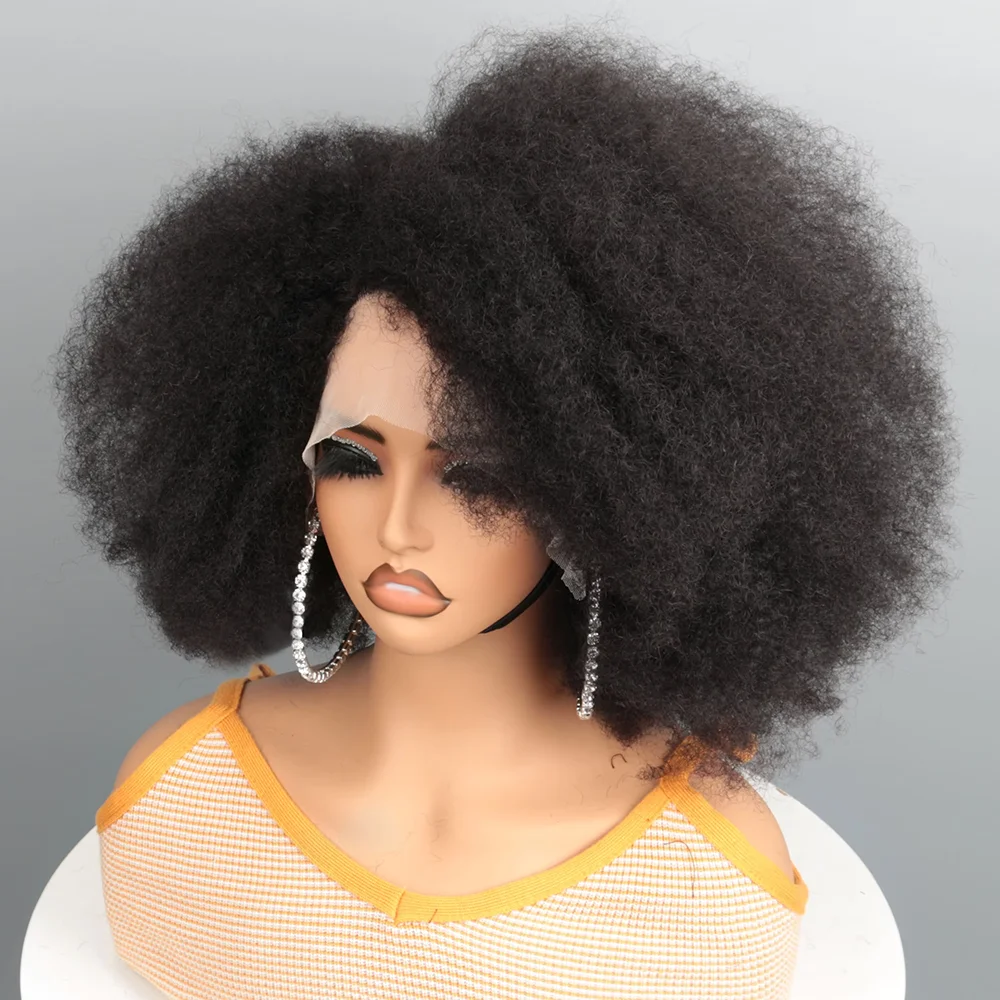Afro Kinky Curlyโปร่งใสลูกไม้ด้านหน้าวิกผมบราซิลRemyมนุษย์ผมลูกไม้เส้นผมธรรมชาติ 13X4X2 Afroสั้นBobวิกผมมนุษย์