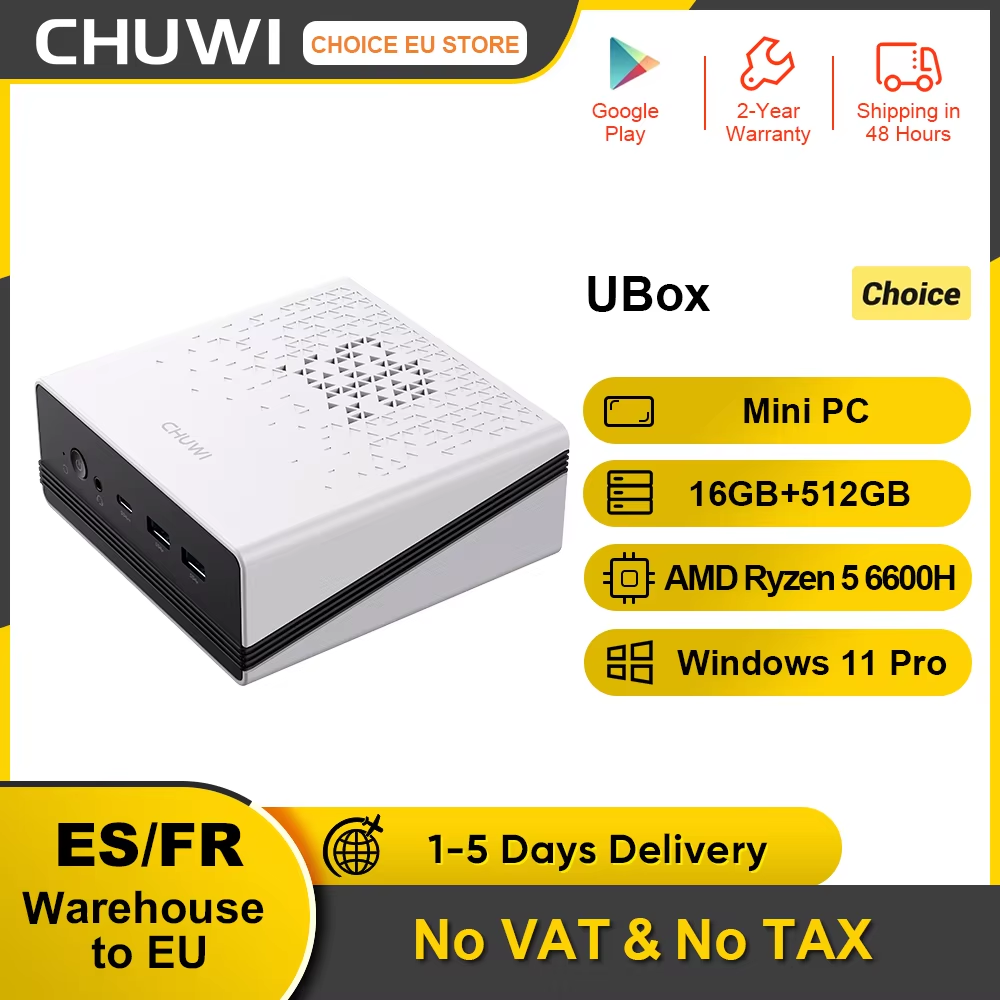 CHUWI UBox Mini PC AMD Ryzen 5 6600H 16GB DDR5 512GB SSD Windows 11 Pro 4K 144Hz Decoração WiFi 6 BT 5.2 Estender M.2 1T * 2 650g 128 * 130,5 * 57 (H) mm