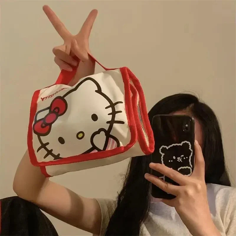 Sanrio Hello Kitty Cosmetic Bag Cartoon Cute Large Capacity Folding Storage Travel Bag Kawaii Portable Handheld Plaid Bag