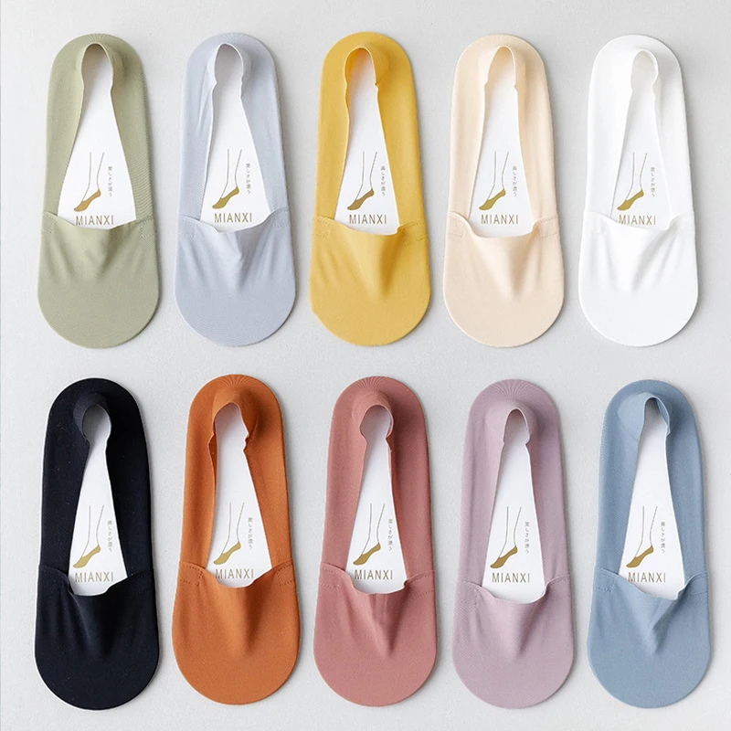 5Pairs Women Socks Breathable Invisible Silicone Non-slip Solid Color Boat Sock Comfortable High Quality No-Show Sox Ultra-thin