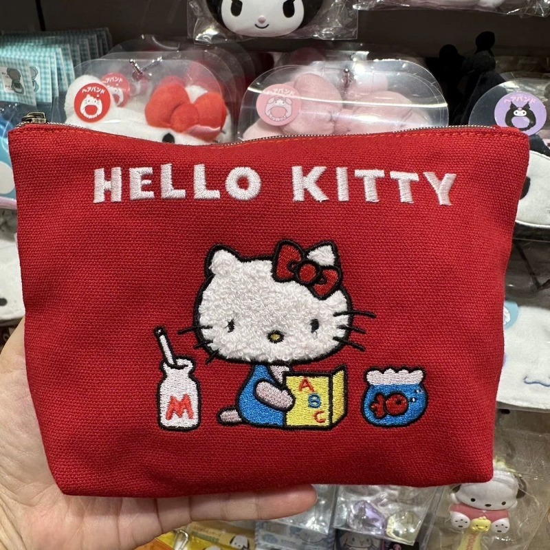 Bolsa de maquillaje de gran capacidad para mujer, color rojo, Hello Kitty, Kawaii, bolsa de almacenamiento de viaje para niñas, billetera cero, regalos