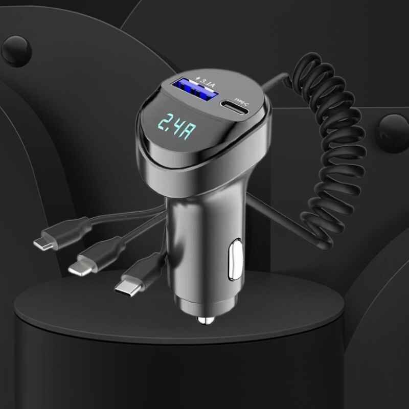 55W 2 portas USB Fast Car Phone Charger 3.1A com Voltagem Display Car três em um cabo de carregamento retrátil USB
