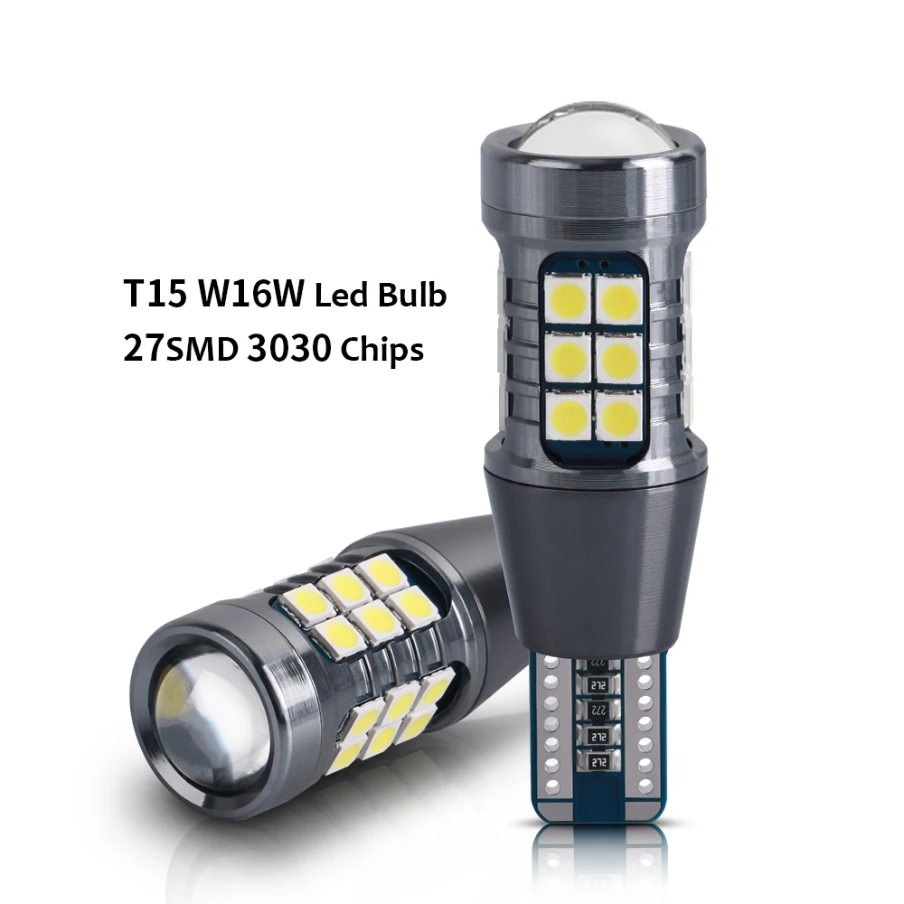 Lâmpada de sinal conduzida t15 w16w, 12v, brilhante super, 3030, 27smd, canbus, luz branca, 12v, 2pcs