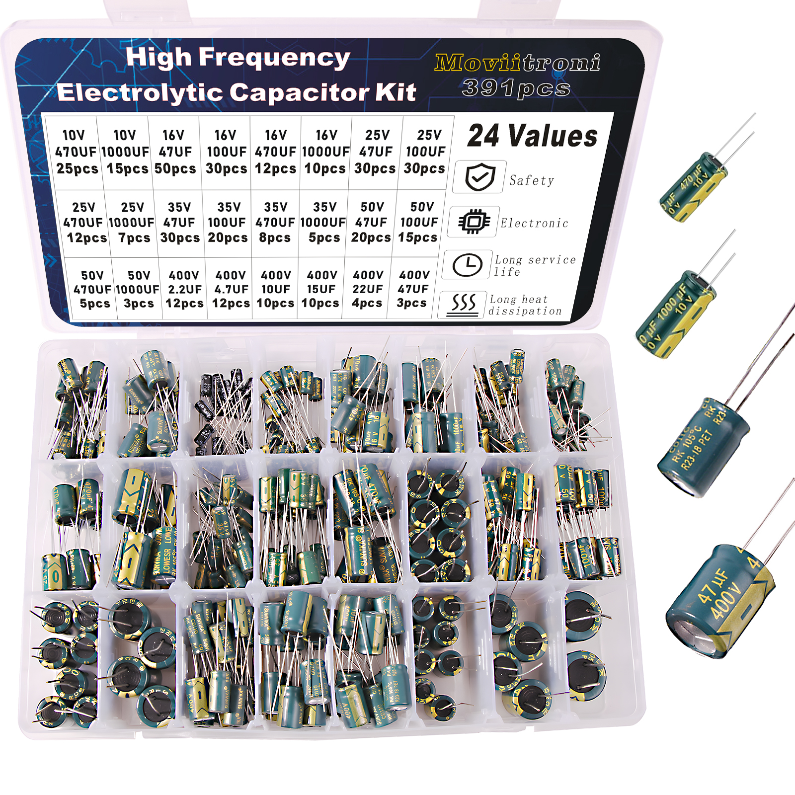 391 Uds Kit de condensadores electrolíticos de aluminio de alta frecuencia 10v 16v 25v 35v 50v 400v 10uf 100uf 470uf 1000uf