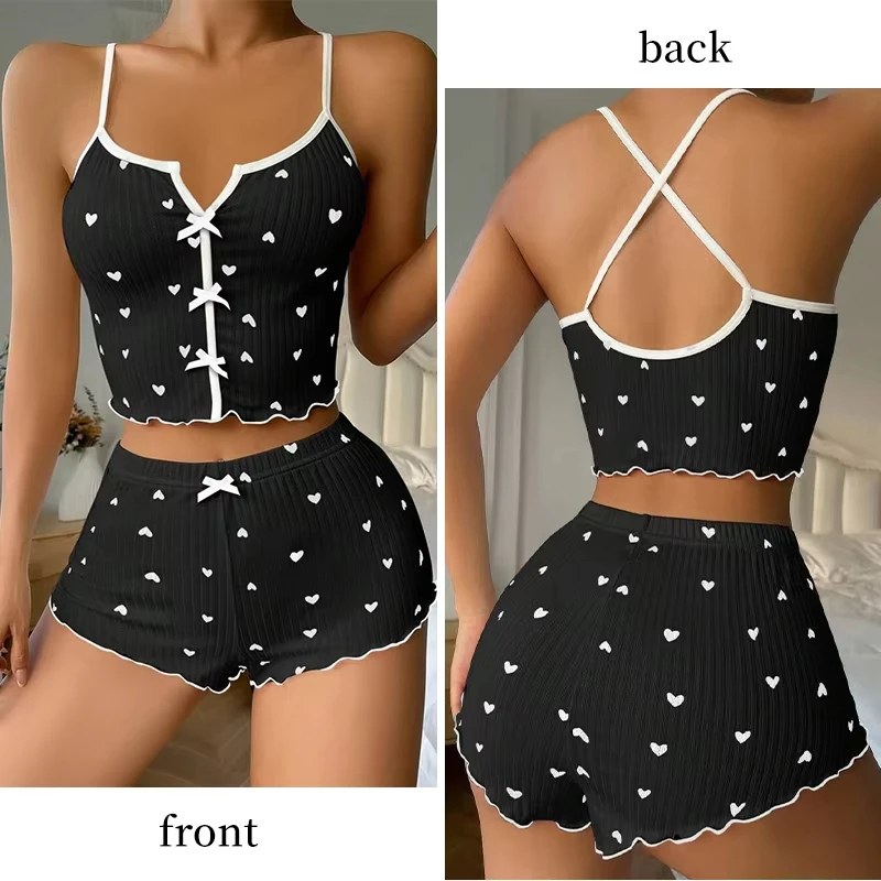Ropa de dormir Sexy para mujer, conjunto de pijamas con estampado de corazón de seda, cuello en V, sin mangas, camisola informal, conjuntos de Top y pantalones cortos, traje para casa, ropa de descanso