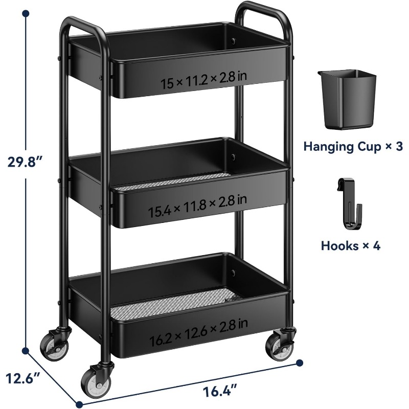 3 Tier Rolling Cart - Metal Utility Cart with Wheels, Hanging Cups, Hooks, Heavy Duty Mesh Rolling Storage Cart Organizer,