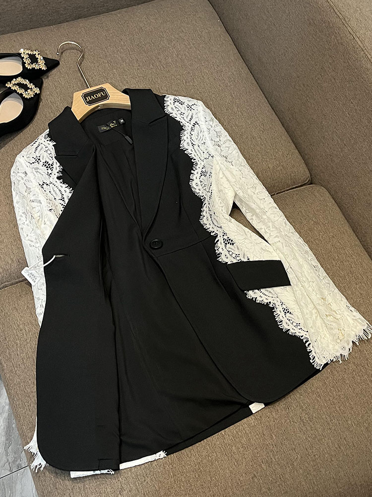 HIGH STREET 2024 Newest Fashion Designer Jacket Women's Stylish Color Block Lace Patchwork Blazer