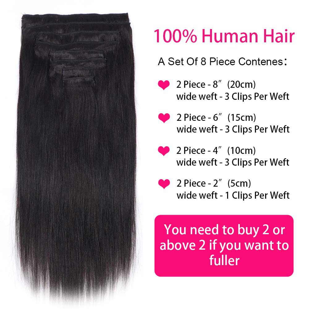 Extensions de cheveux humains vierges à clipser droites, 120g, tête complète, cheveux 100% humains, noir naturel, 8 pièces par ensemble