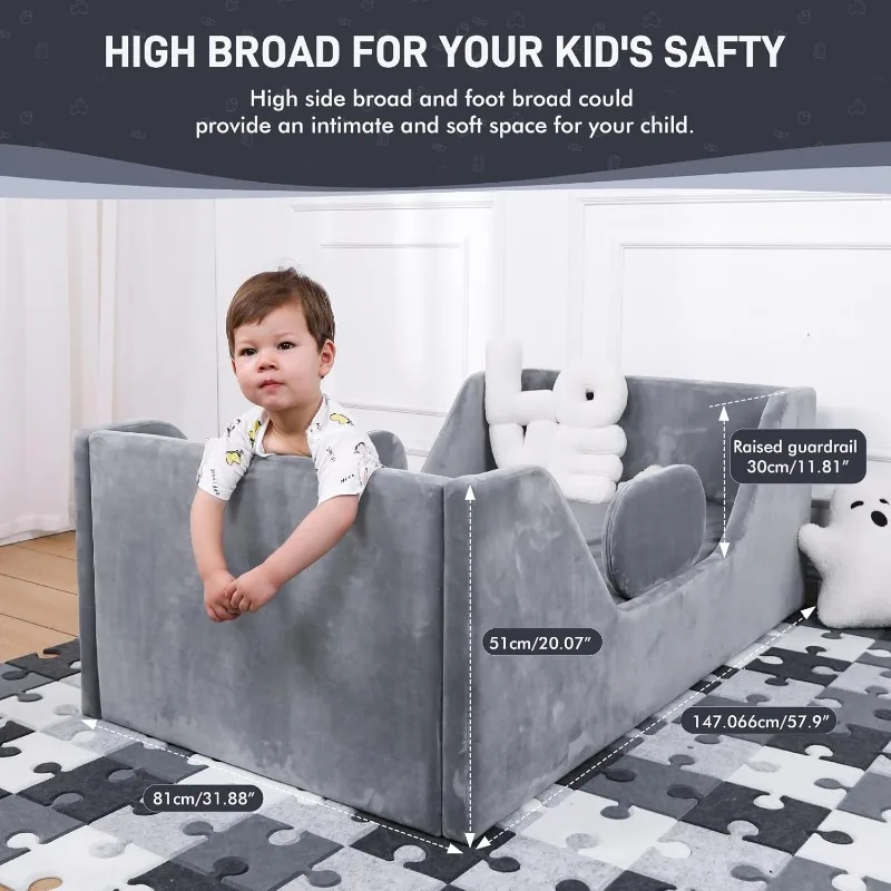 Toddler Bed, Child Bed for Kids with Extra Safty Broad, Standard Crib Size Toddler Bed, Certified Fabric Toddler Beds(Gray)