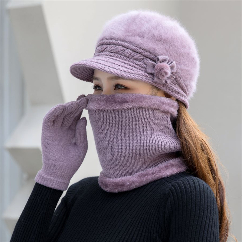 Gorro de invierno para mujer, bufanda, guantes, conjunto de 3 piezas, gorros gruesos de punto para mantener el calor, conjuntos de bufandas para exteriores de Color sólido