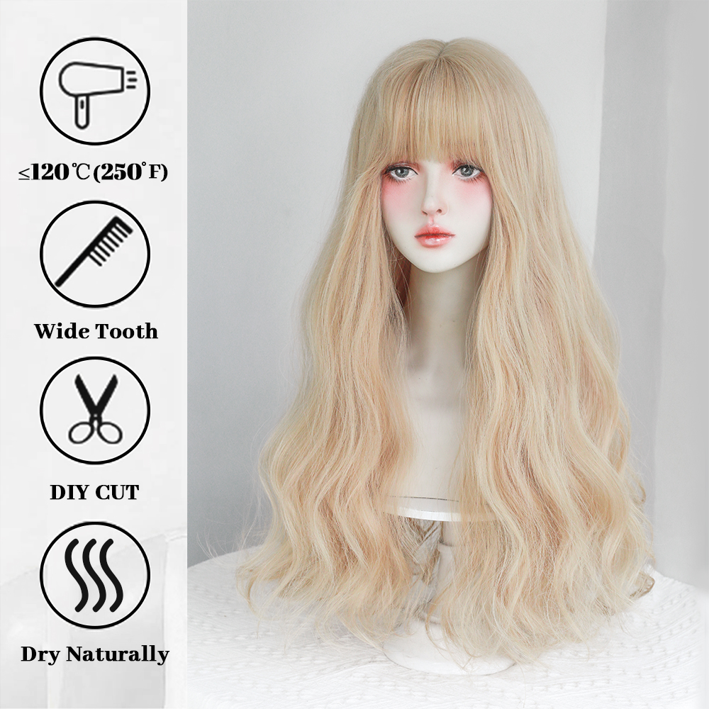 หนาแน่นวิกผมคลื่นยาวผู้หญิงวิกผมสีบลอนด์คอสเพลย์ Lolita Daily Party วิกผมสังเคราะห์เส้นใยทนความร้อนธรรมชาติผมปลอม