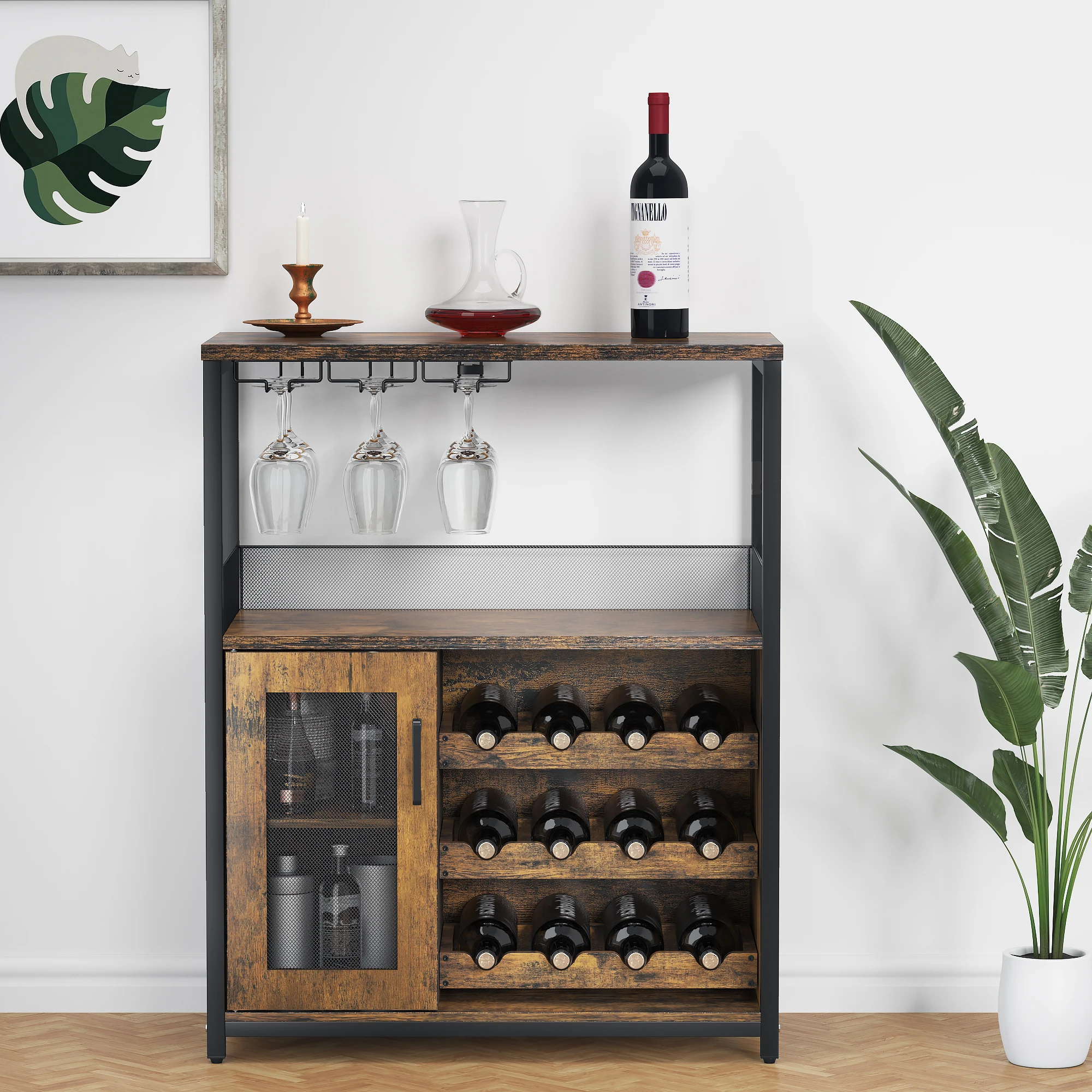 Wine Bar Cabinet with Detachable Wine Rack,Bar Rack Cabinet with Glass Holder and 1 Drawer,Mesh Door,Small Sideboard