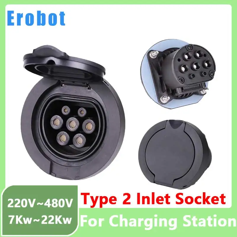 Erobot-enchufe de entrada tipo 2 CA, 1 fase, trifásico, IEC 62196-2 32A, enchufe hembra, estación de carga de vehículo eléctrico de CA fija de 4 puntos