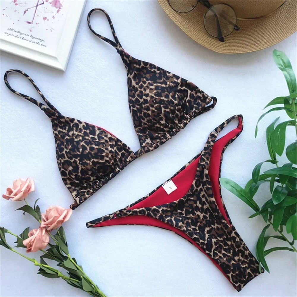 Maillot de bain deux pièces imprimé léopard, sexy, string, bikini, crochet au dos, push-up, triangle, tanga, brésilien, pour la plage