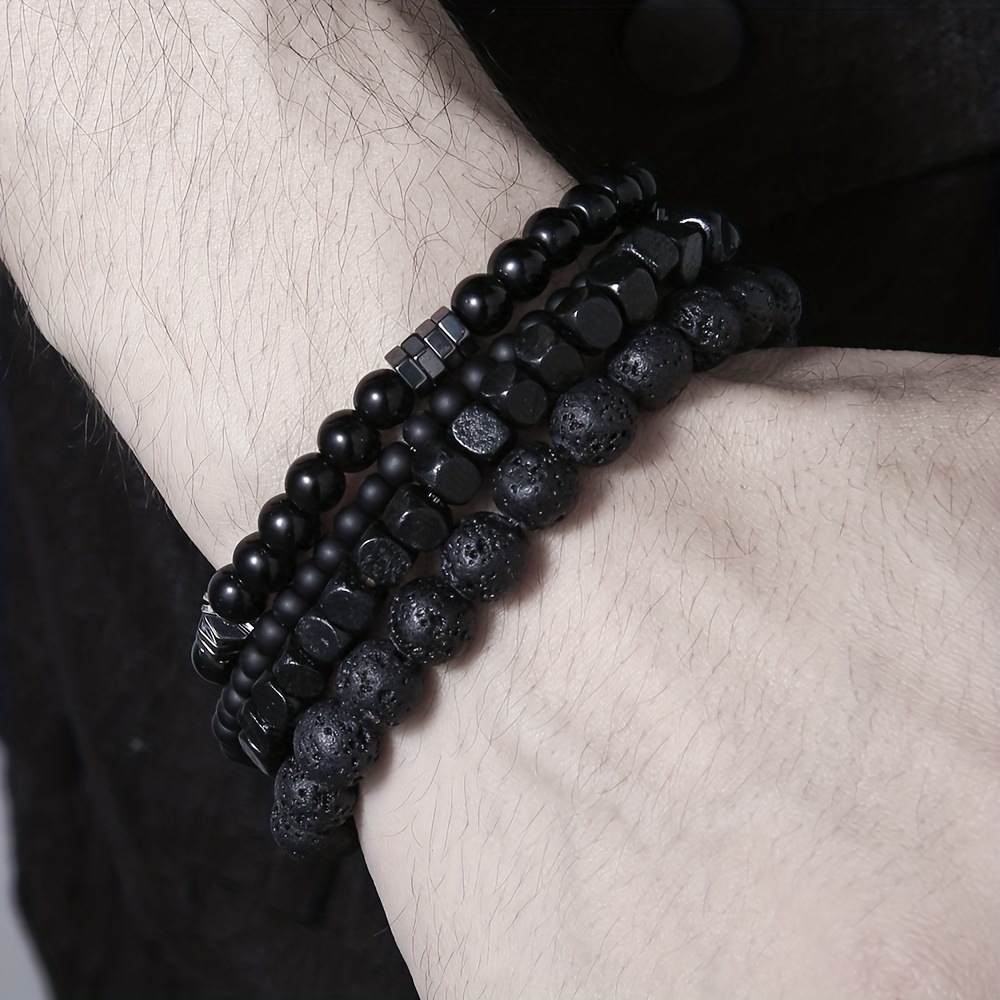 4 pz/set Nero Gall Pietra Vulcanica Perline di Legno Multi-strato da Uomo Combinazione Bracciale Elastico Per Coppia Amici Gioielli