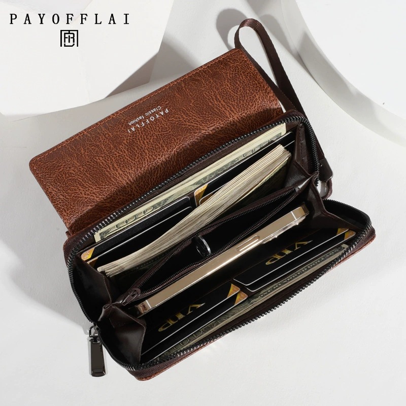 Men's PU Zipper Handbag Large Capacity Long Wallet Clutch Bag Phone Bag Multi Card Card Holder Coin Purse Wallet Double Layer