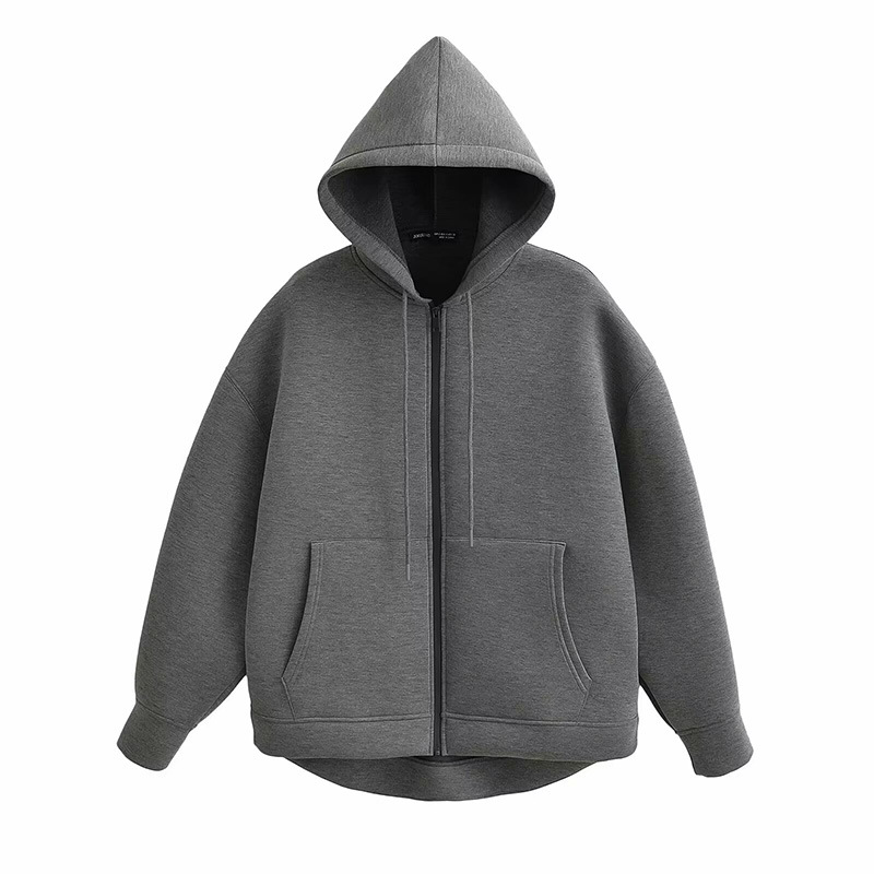 Herbst Frauen Grau Jacke mit Kapuze Langarm Große Tasche Zipper Jacke Mantel Frau Lose Beiläufige Oberbekleidung Mantel Tops