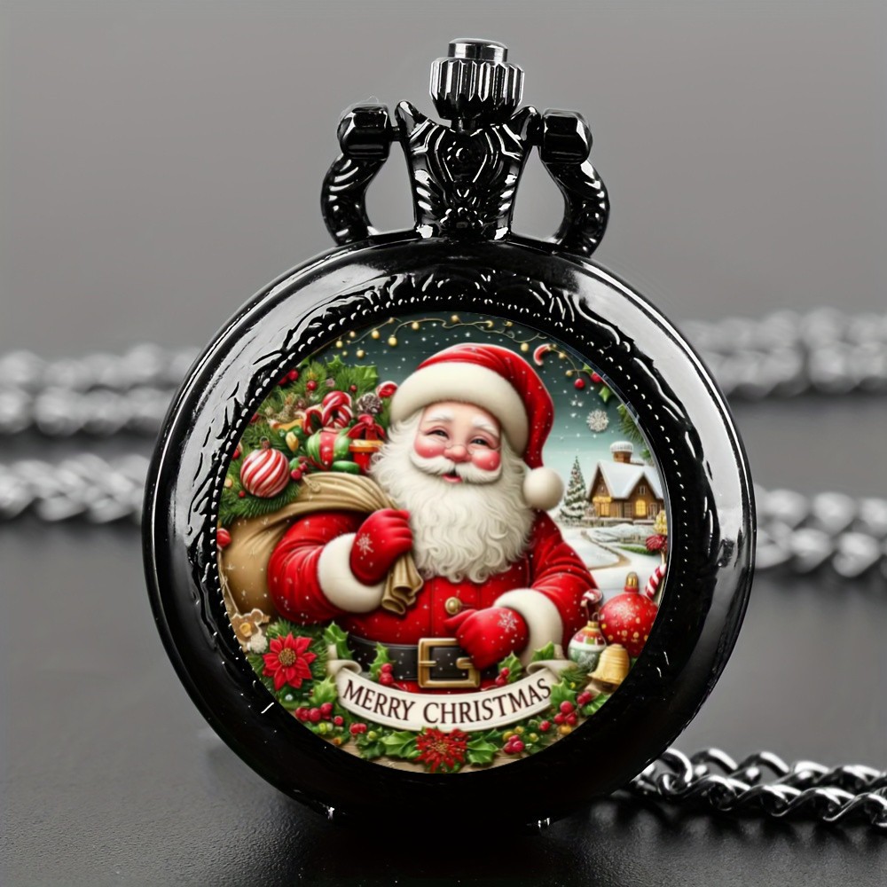 Requintado mini szie preto redondo papai noel design relógio de bolso de quartzo, caixa de liga e pulseira, presente de natal perfeito para crianças e homens