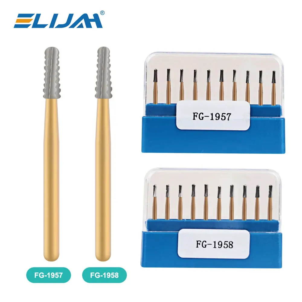 Coroa dourada do aço do tungstênio de alta velocidade, brocas dentais do carboneto, brocas do corte do metal, ferramentas da odontologia, ELIJAH, FG1957, FG1958, 10 PCes por a caixa